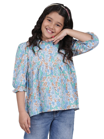 Girls Printed Blue Casual Top