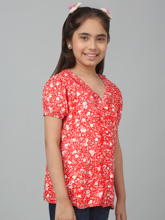 Girls Basic Red Puffed Half Sleeves  Top