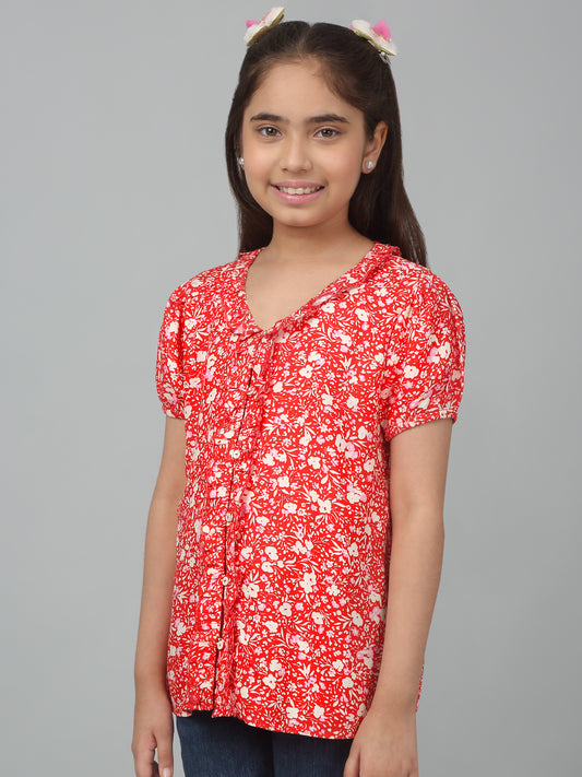 Girls Basic Red Puffed Half Sleeves  Top