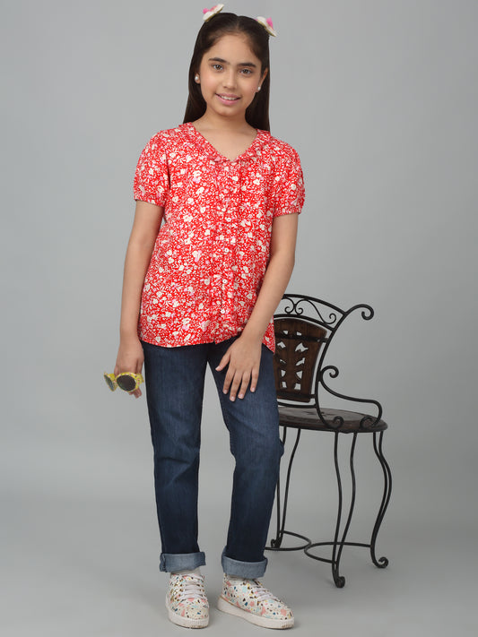 Girls Basic Red Puffed Half Sleeves  Top