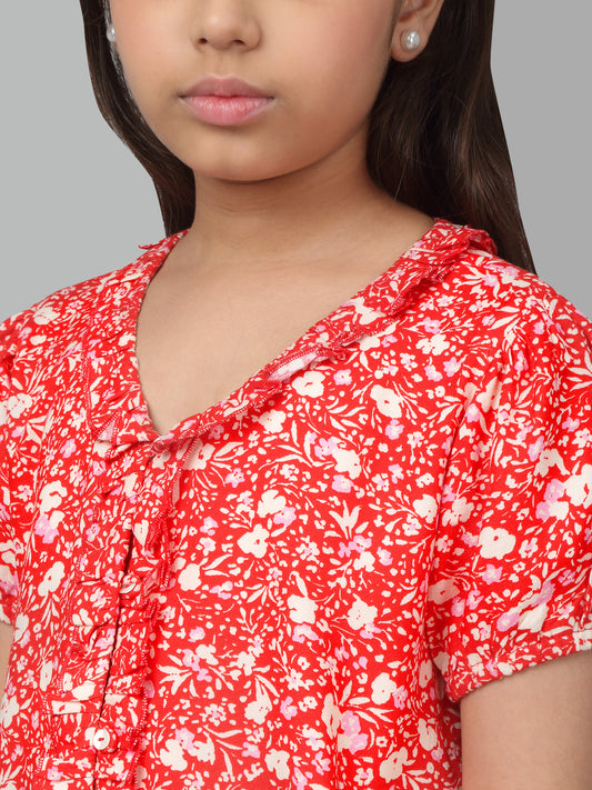 Girls Basic Red Puffed Half Sleeves  Top