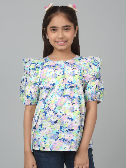 Girls Casual Multi colored  Puffed Half Sleeves  Top