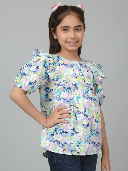 Girls Casual Multi colored  Puffed Half Sleeves  Top