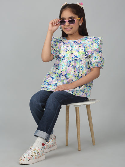 Girls Casual Multi colored  Puffed Half Sleeves  Top