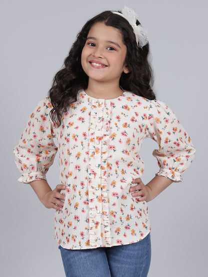 Girls Printed Cream Round Neck 3/4th Sleeves Casual Top