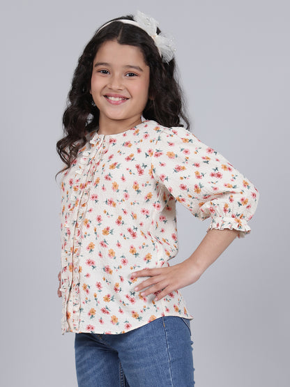 Girls Printed Cream Round Neck 3/4th Sleeves Casual Top