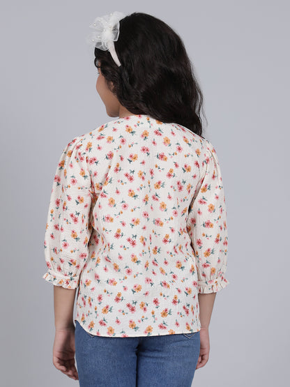 Girls Printed Cream Round Neck 3/4th Sleeves Casual Top