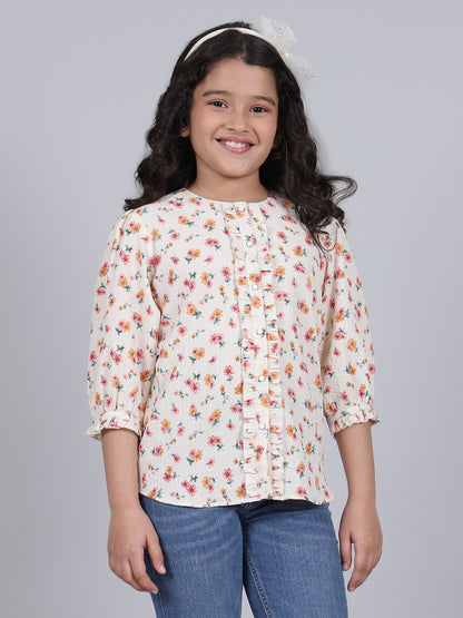 Girls Printed Cream Round Neck 3/4th Sleeves Casual Top