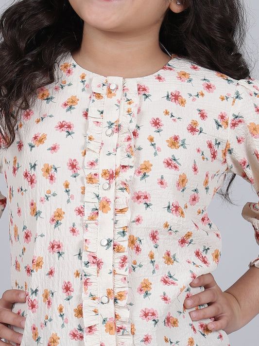 Girls Printed Cream Round Neck 3/4th Sleeves Casual Top