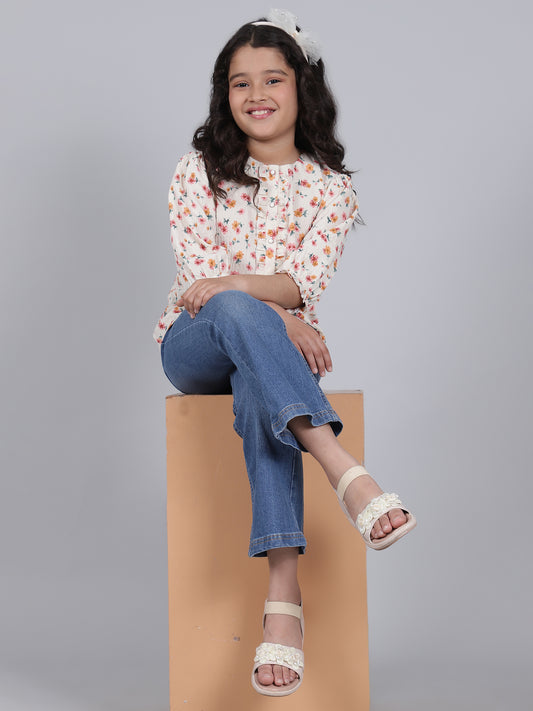 Girls Printed Cream Round Neck 3/4th Sleeves Casual Top