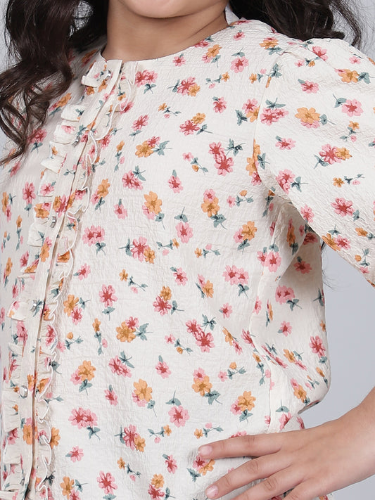 Girls Printed Cream Round Neck 3/4th Sleeves Casual Top