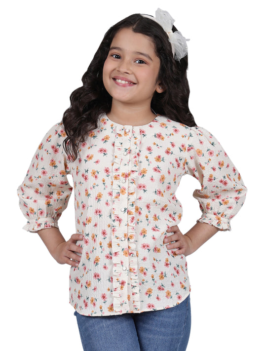 Girls Printed Cream Round Neck 3/4th Sleeves Casual Top