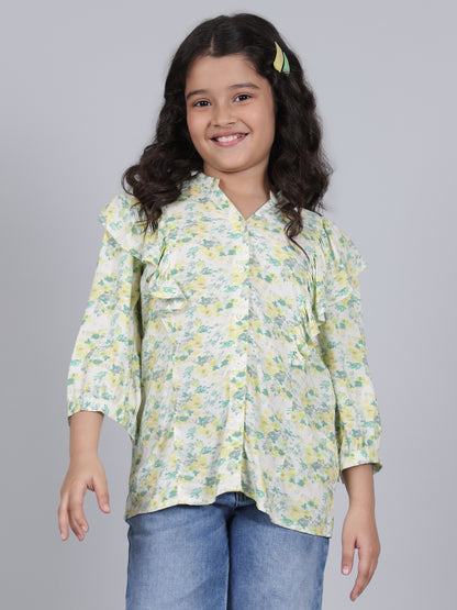 Girls Printed Green V-Neck 3/4th Sleeves Casual Top