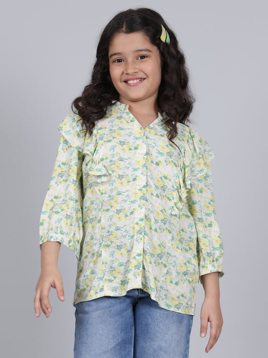 Girls Printed Green V-Neck 3/4th Sleeves Casual Top