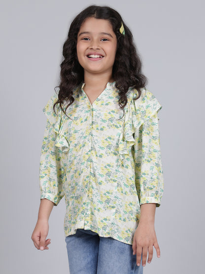 Girls Printed Green V-Neck 3/4th Sleeves Casual Top
