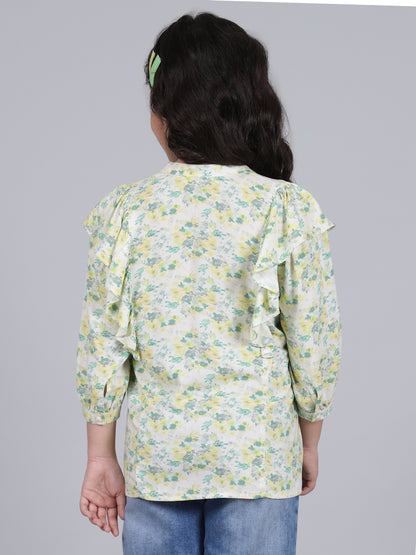 Girls Printed Green V-Neck 3/4th Sleeves Casual Top