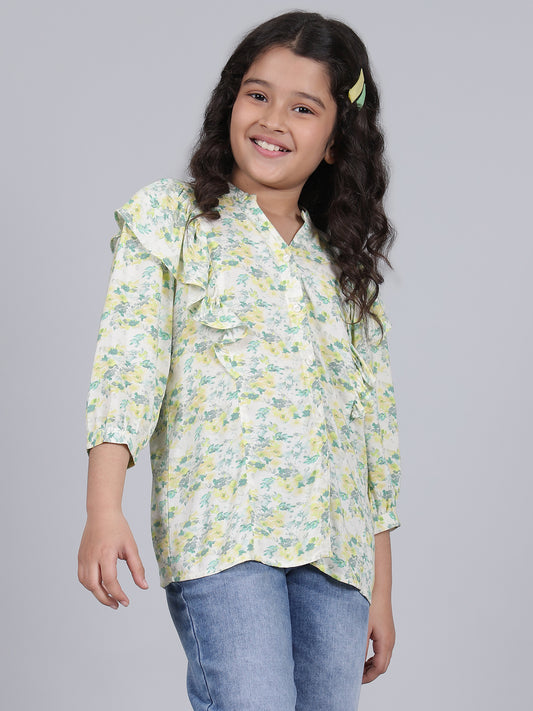 Girls Printed Green V-Neck 3/4th Sleeves Casual Top