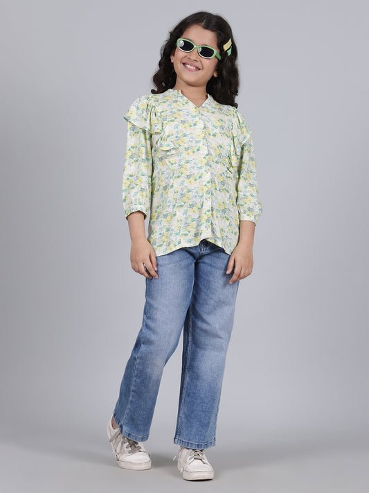 Girls Printed Green V-Neck 3/4th Sleeves Casual Top