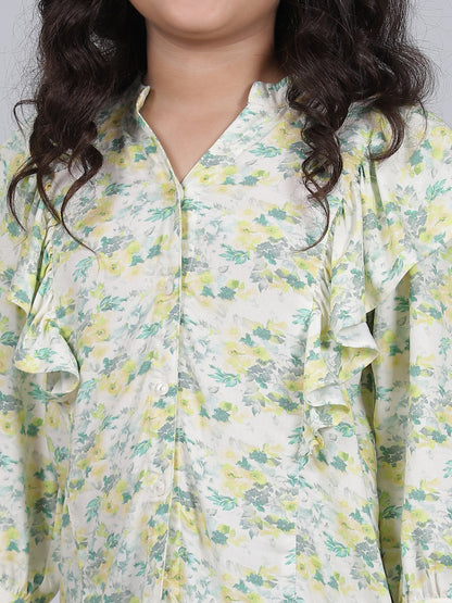 Girls Printed Green V-Neck 3/4th Sleeves Casual Top