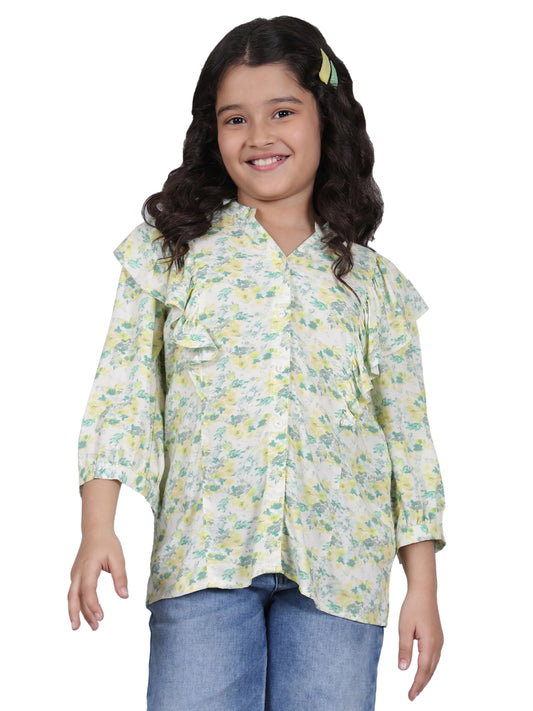 Girls Printed Green V-Neck 3/4th Sleeves Casual Top
