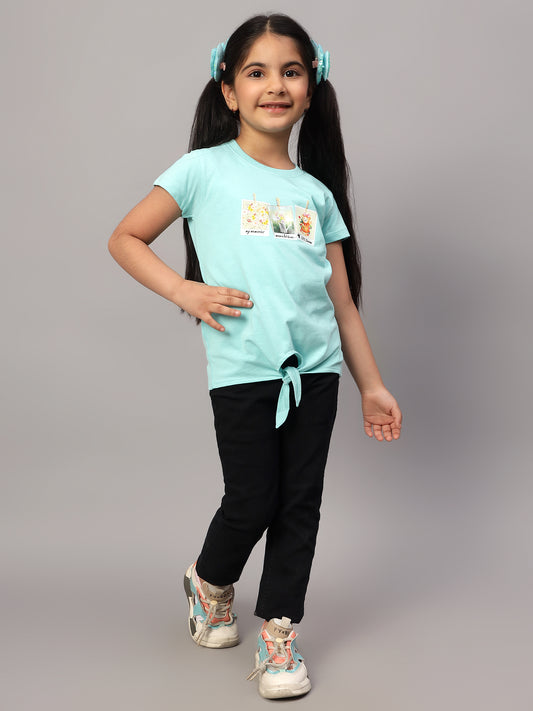 Girls Casual Aqua Half Sleeves  T-Shirt