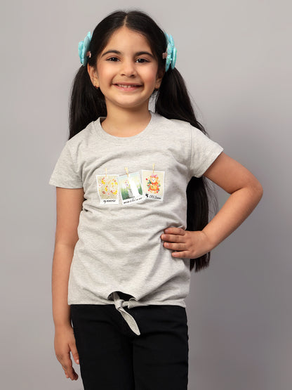 Girls Casual Grey Melange Half Sleeves  T-Shirt