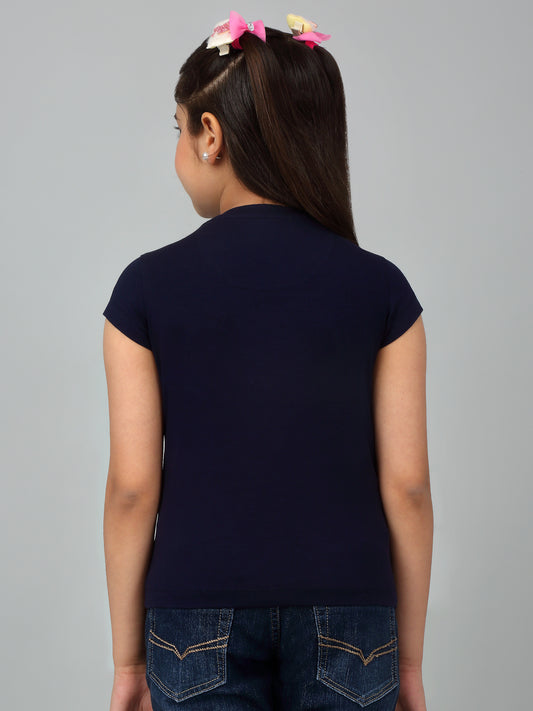 Girls Casual Navy Blue Half Sleeves  T-Shirt