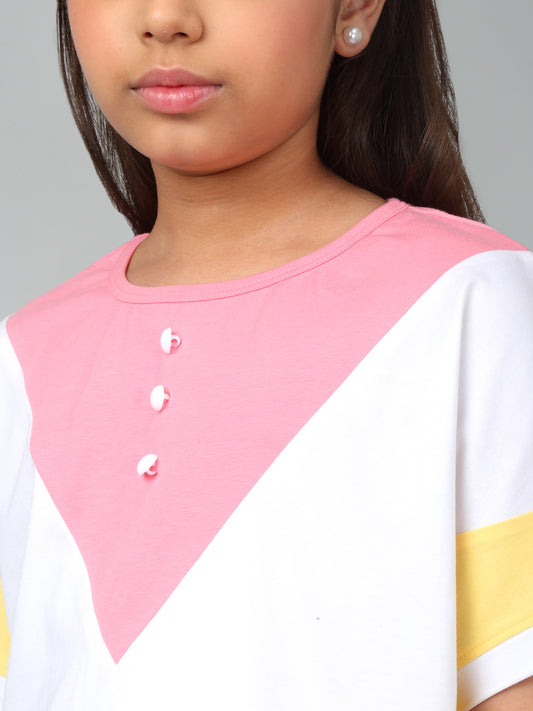 Girls Casual Pink Extended Half Sleeves T-Shirt