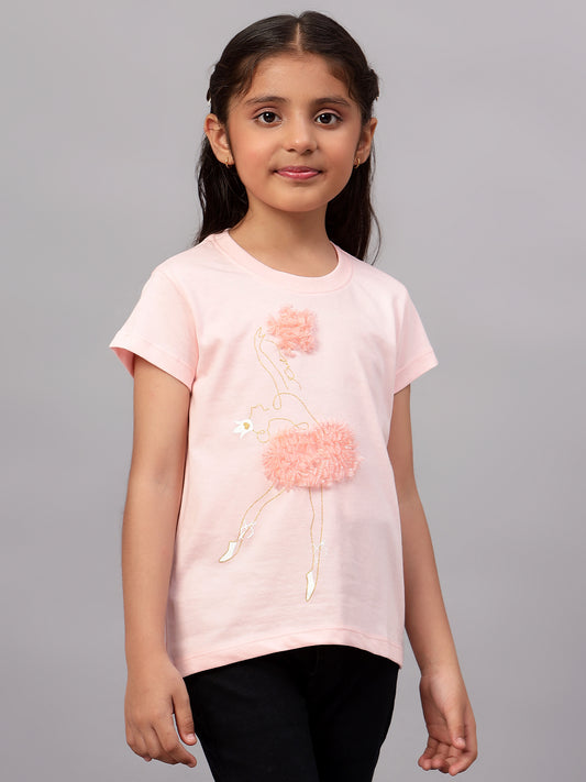 Girls Casual Pink Half Sleeves  T-Shirt