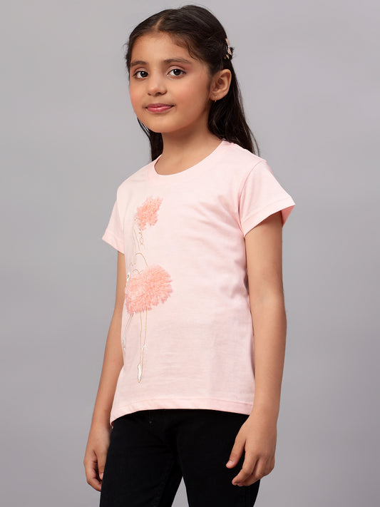 Girls Casual Pink Half Sleeves  T-Shirt