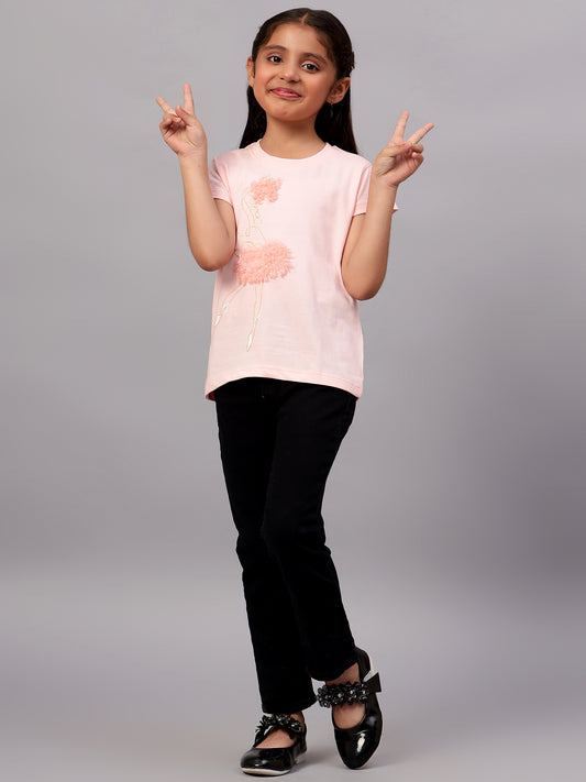 Girls Casual Pink Half Sleeves  T-Shirt