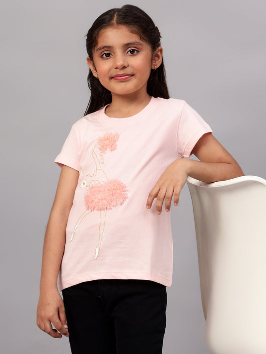 Girls Casual Pink Half Sleeves  T-Shirt
