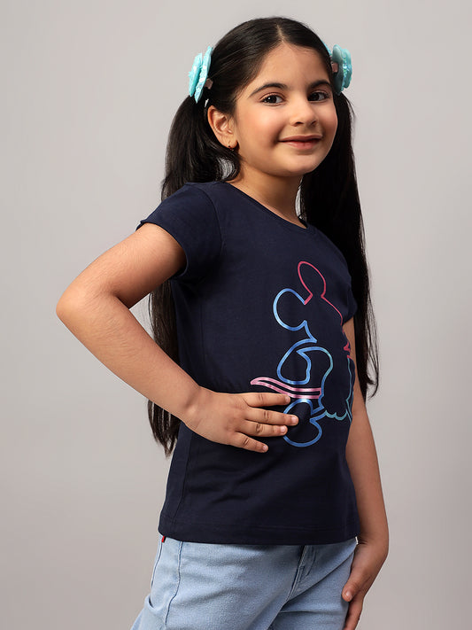 Girls Casual Navy Blue Half Sleeves  T-Shirt