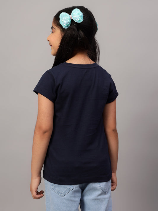 Girls Casual Navy Blue Half Sleeves  T-Shirt