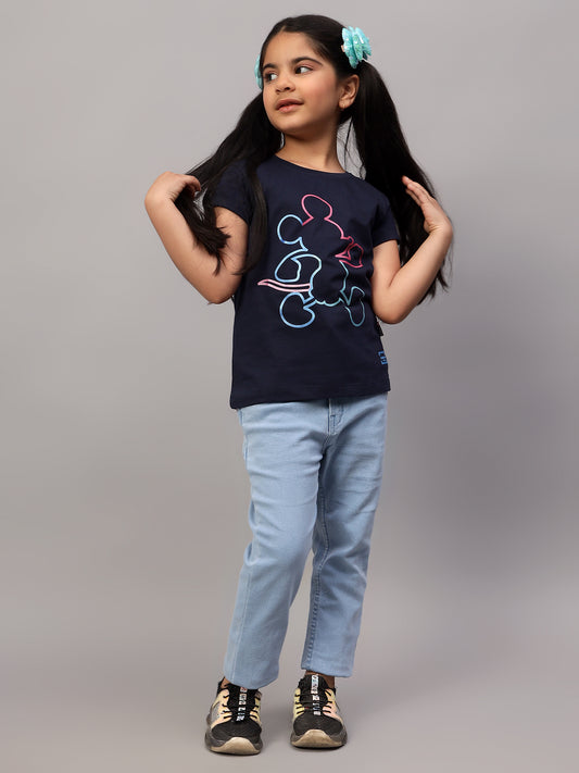 Girls Casual Navy Blue Half Sleeves  T-Shirt