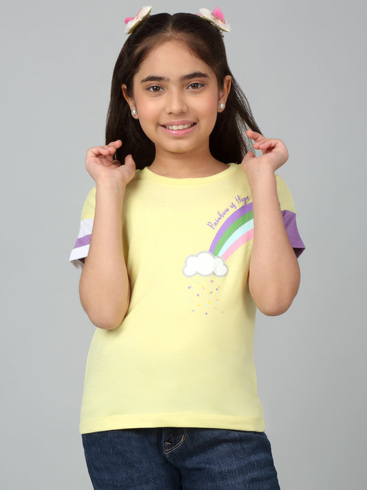 Girls Casual Yellow Extended Half Sleeves  T-Shirt