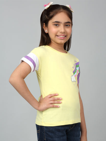 Girls Casual Yellow Extended Half Sleeves  T-Shirt