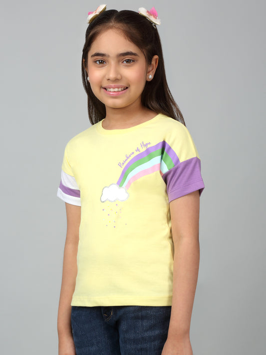 Girls Casual Yellow Extended Half Sleeves  T-Shirt