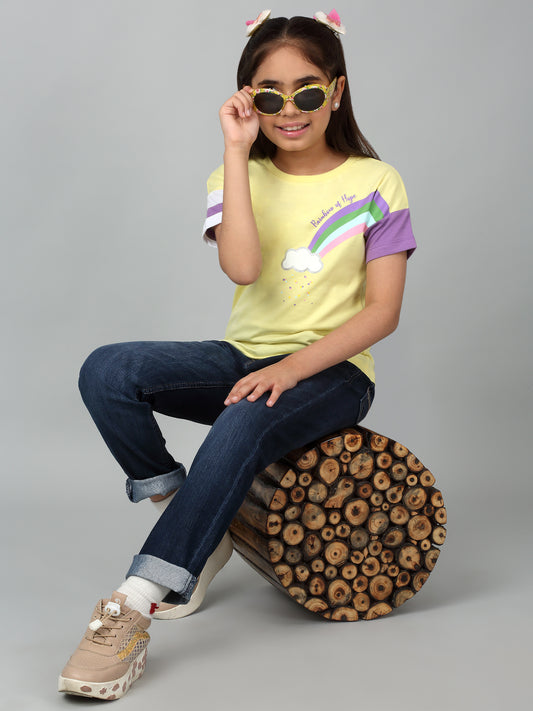 Girls Casual Yellow Extended Half Sleeves  T-Shirt