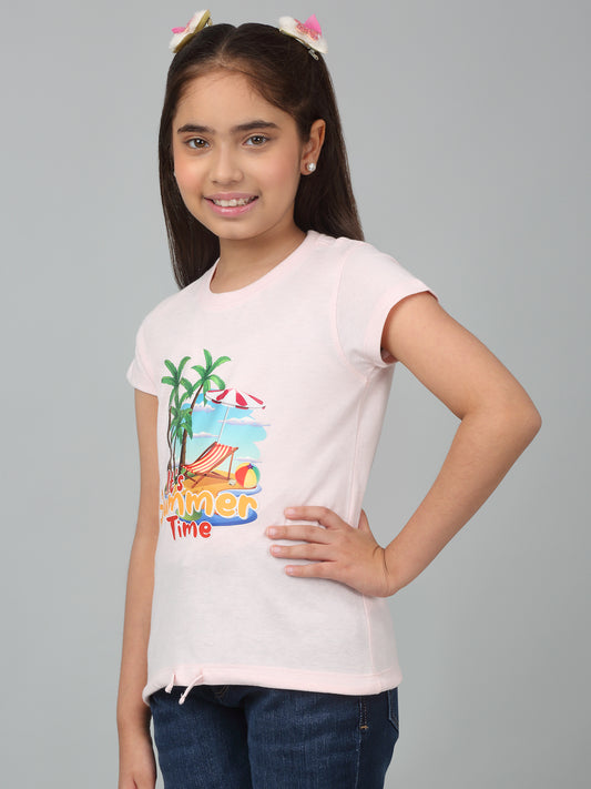 Girls Casual Pink Half Sleeves  T-Shirt