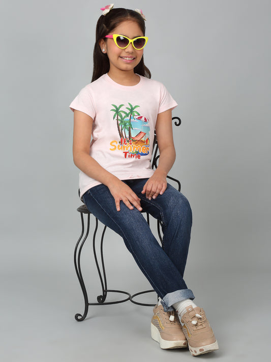 Girls Casual Pink Half Sleeves  T-Shirt