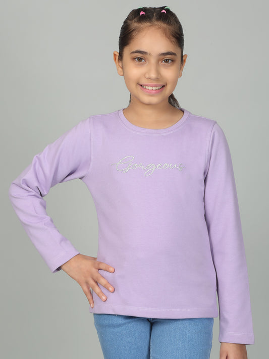 Girl's Casual Lavender Full Sleeves Round Neck T-Shirt