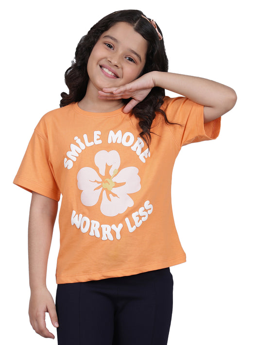 Girls Printed Orange Round Neck Half Sleeves Casual T-Shirt