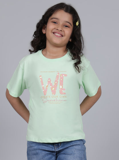 Girls Printed Green Round Neck Half Sleeves Casual T-Shirt