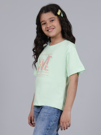 Girls Printed Green Round Neck Half Sleeves Casual T-Shirt