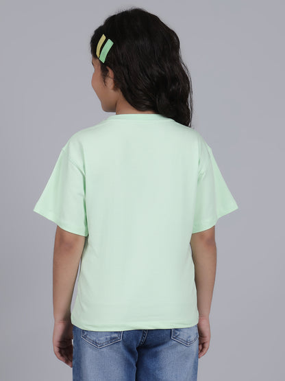 Girls Printed Green Round Neck Half Sleeves Casual T-Shirt