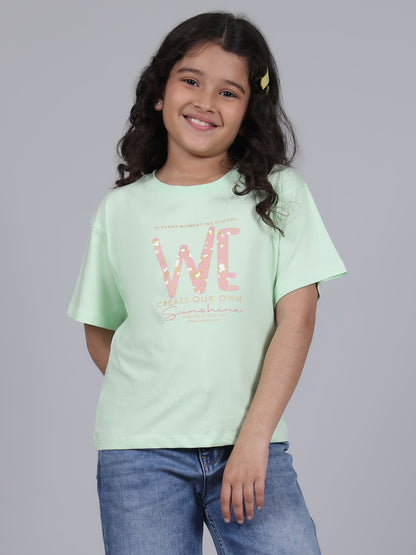 Girls Printed Green Round Neck Half Sleeves Casual T-Shirt