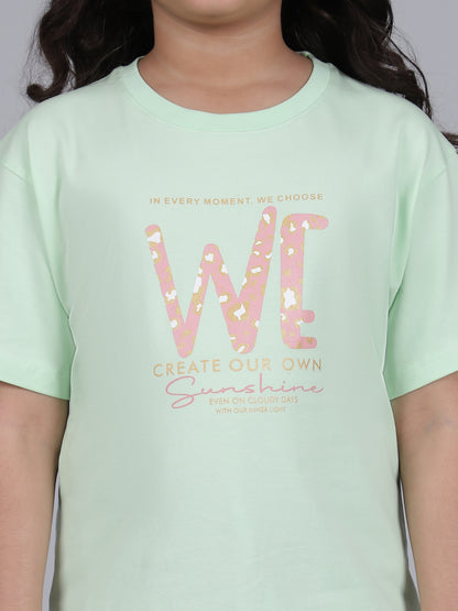 Girls Printed Green Round Neck Half Sleeves Casual T-Shirt