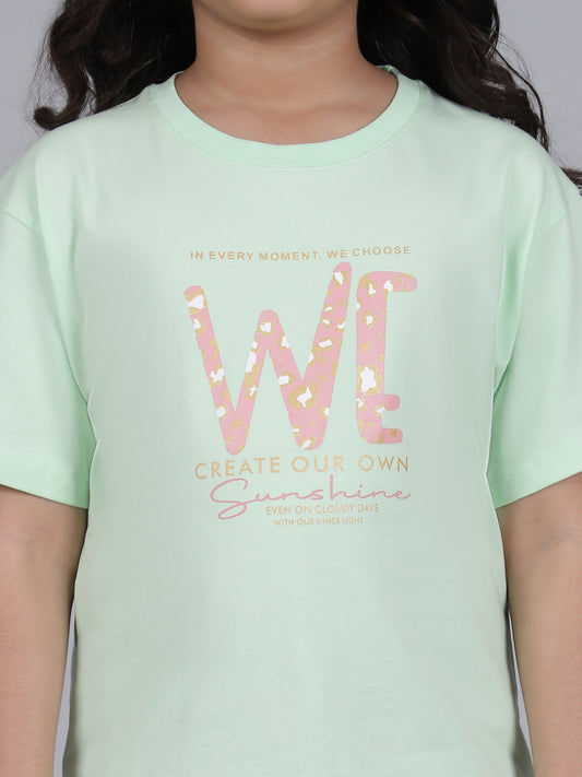 Girls Printed Green Round Neck Half Sleeves Casual T-Shirt