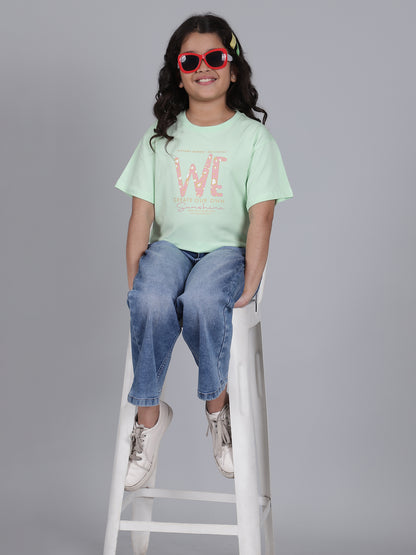 Girls Printed Green Round Neck Half Sleeves Casual T-Shirt